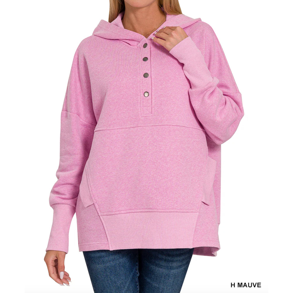 Oversized size XL mauve pink hooded pullover sweatshirt V-neck with snap buttons